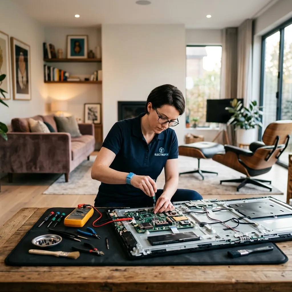 Georges TV Service technician analyzing a flat-screen smart TV with diagnostics gear