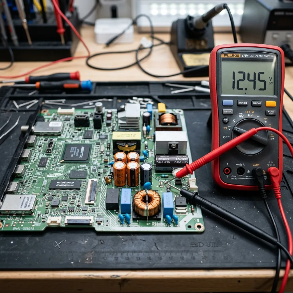 Close-up of Georges TV Service workbench showing circuit boards, capacitors, and a digital multimeter